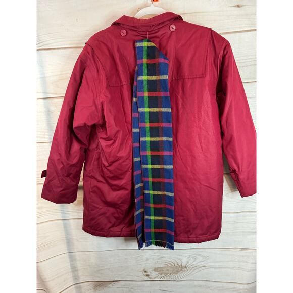 London Fog Red Full Zip & Button Up Coat With Plaid Scarf Size 6 - Picture 5 of 8
